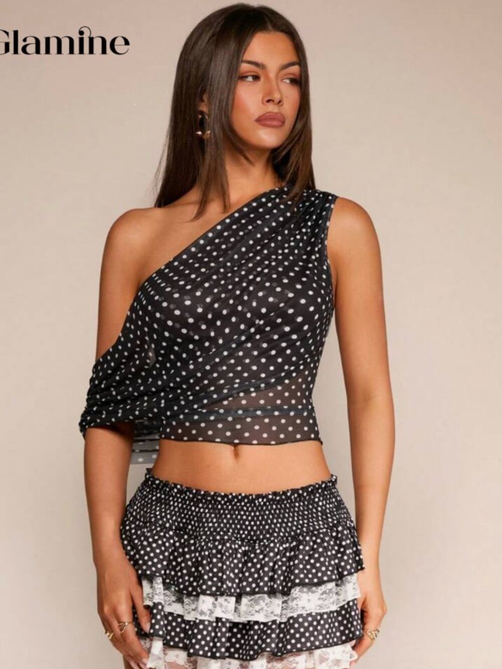 Shein Glamine Elegant Party Mesh Polka Dot Asymmetric-Shoulder - Small